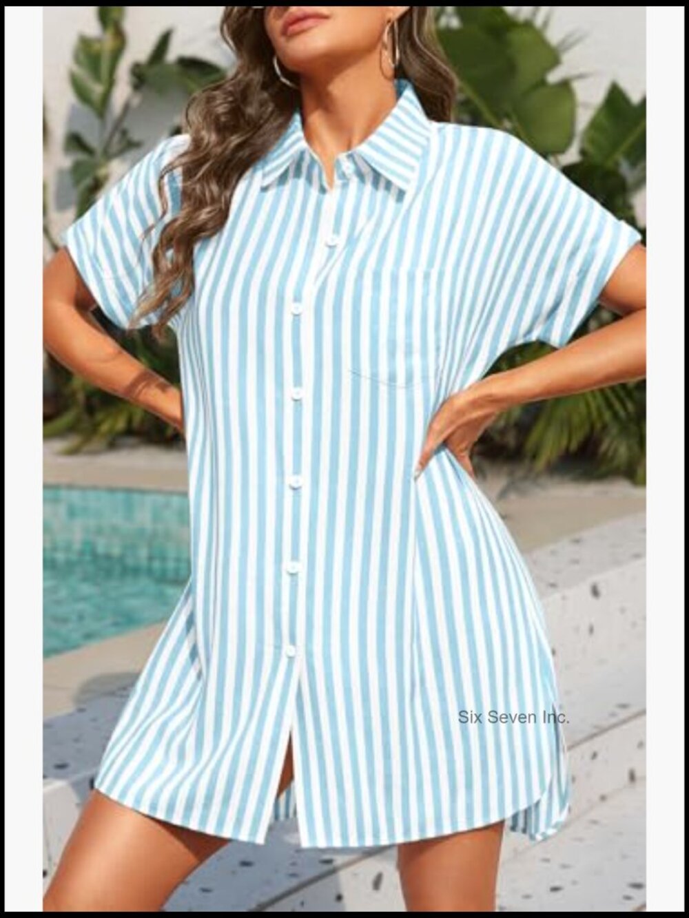 Button Down Swimsuit Cover Up Striped Beach Dress Short Sleeve Lyocell Cotton - Picture 5 of 7
